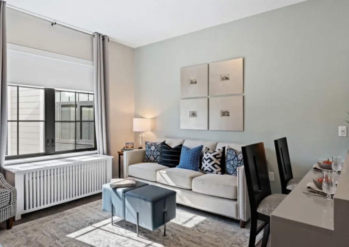 A modern living room with stylish decor and cozy seating.