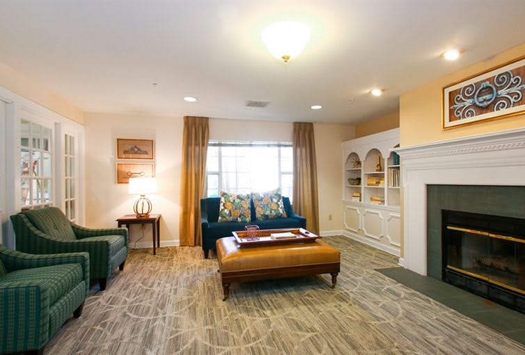 A cozy living room with comfortable seating, decorative shelves, and a large window providing natural light.