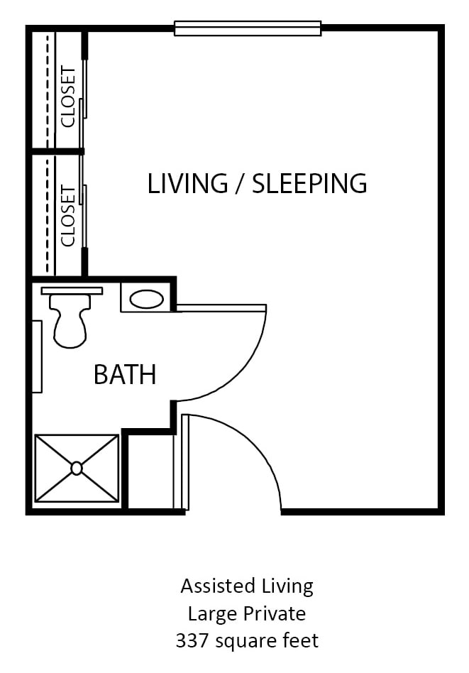 A studio apartment floor plan with a living/sleeping area and bathroom.