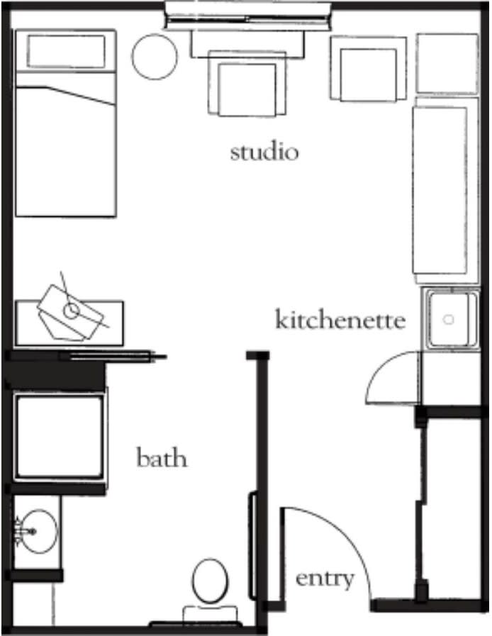 A floor plan layout of a studio apartment featuring a kitchenette and bathroom.