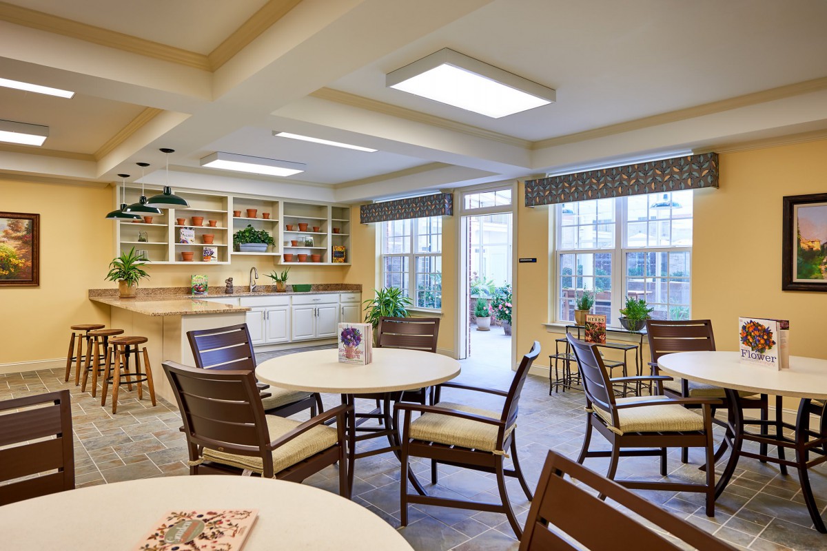 A well-lit dining area with round tables and chairs, decorated with plants by the windows.