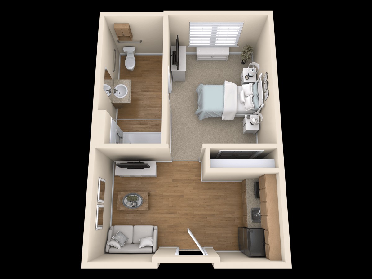 A 3D rendering of a one-bedroom apartment floor plan with labeled areas for living room, bedroom, kitchen, and bathroom.