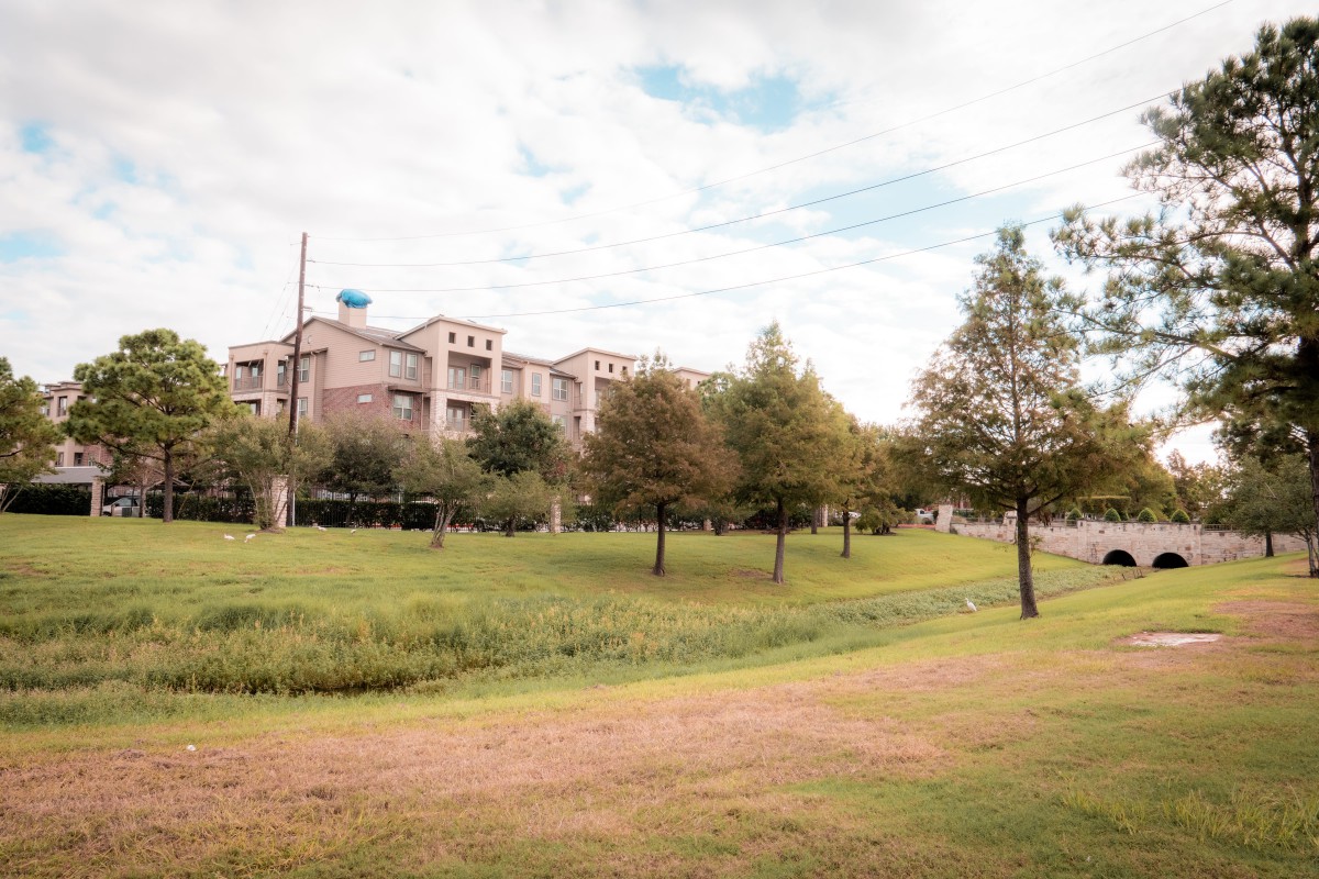 A scenic view of a park with buildings in the background, surrounded by trees and green grass under a partly cloudy sky.
