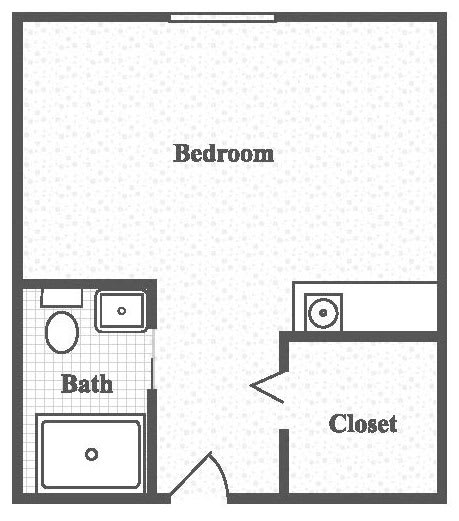 A simple floor plan with a bedroom, bathroom, and closet.