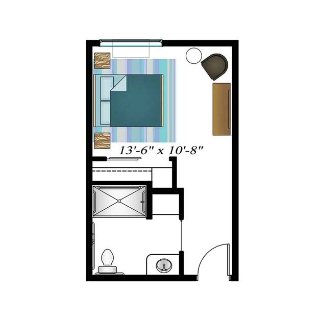 A compact studio apartment floor plan featuring a bedroom with a bed, desk, and chair, as well as an attached bathroom.