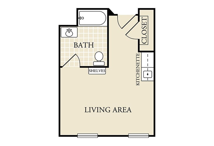 Studio apartment floor plan with living area, kitchenette, bathroom, and closet.