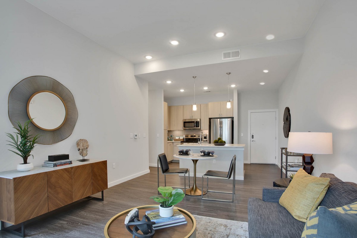 A modern open-concept living room and kitchen area in an apartment featuring sleek furniture and contemporary decor.