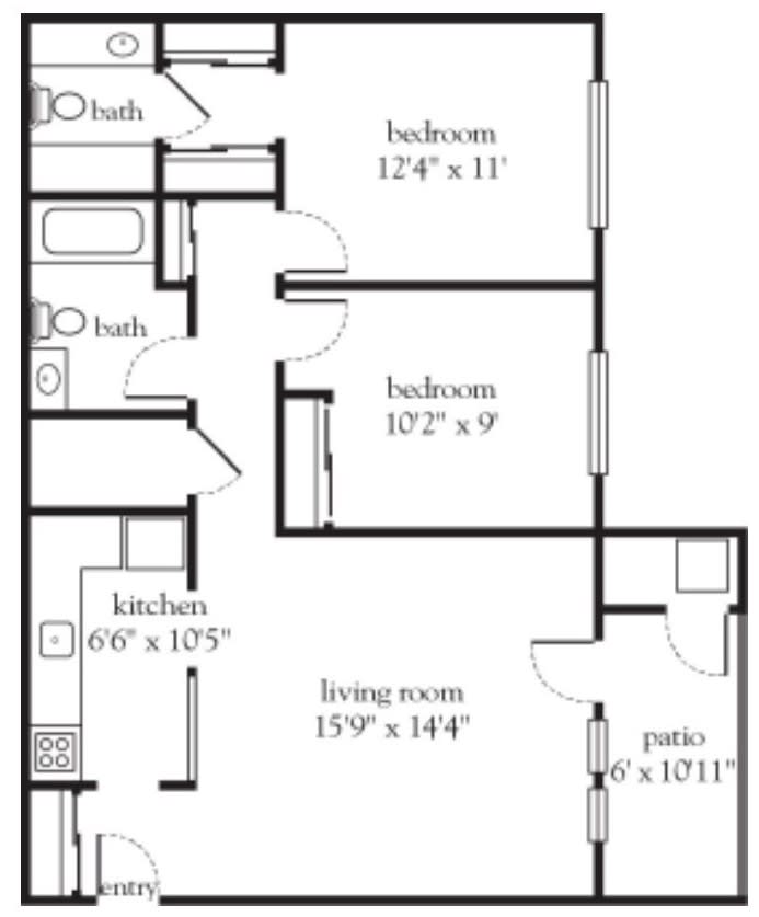 A floor plan of an apartment featuring two bedrooms, a living room, a kitchen, two bathrooms, and a patio.
