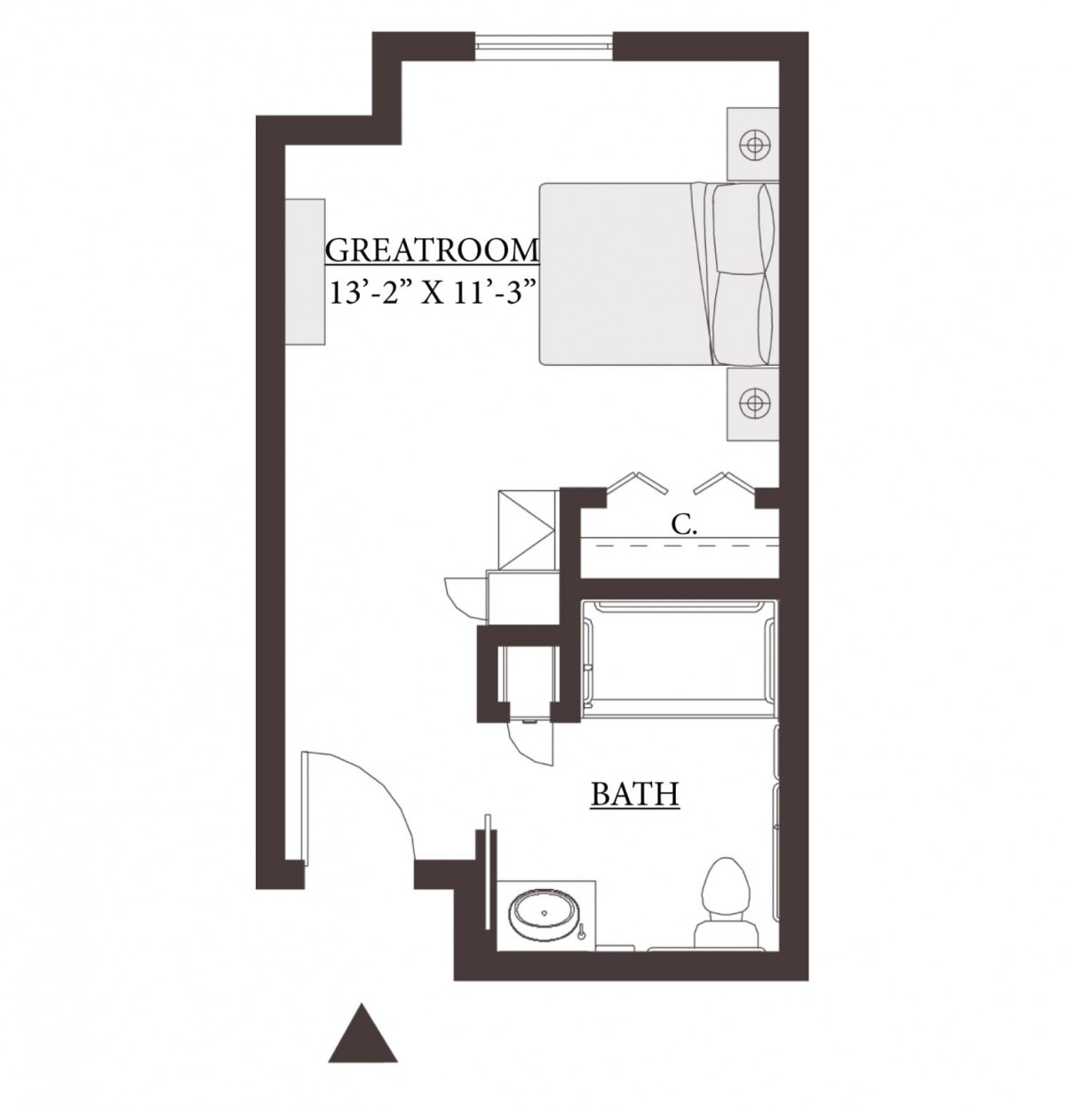 Studio apartment floor plan featuring a great room and bathroom layout.
