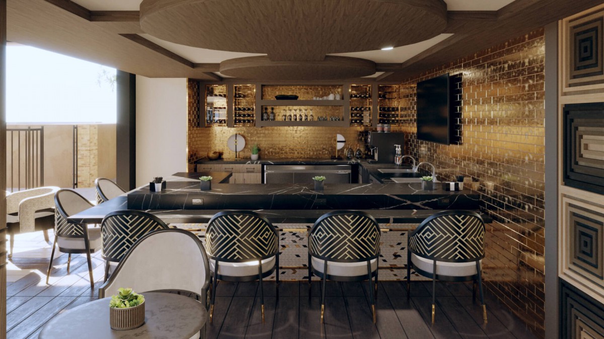 A luxurious and modern bar interior with elegant seating and well-stocked shelves.