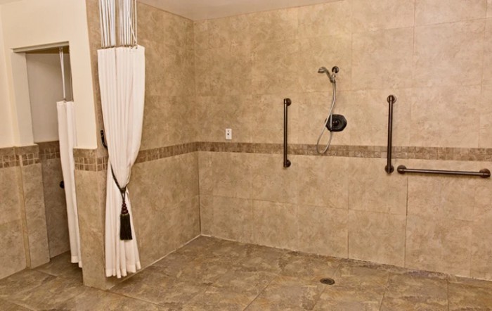 A spacious accessible bathroom with grab bars and a walk-in, curtain-covered shower.