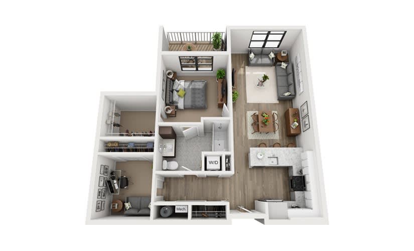 A modern one-bedroom apartment floor plan with a living room, kitchen, bathroom, and balcony.