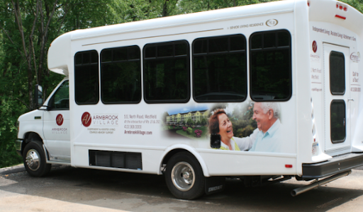 A bus featuring an advertisement aimed at senior citizens, highlighting community services.