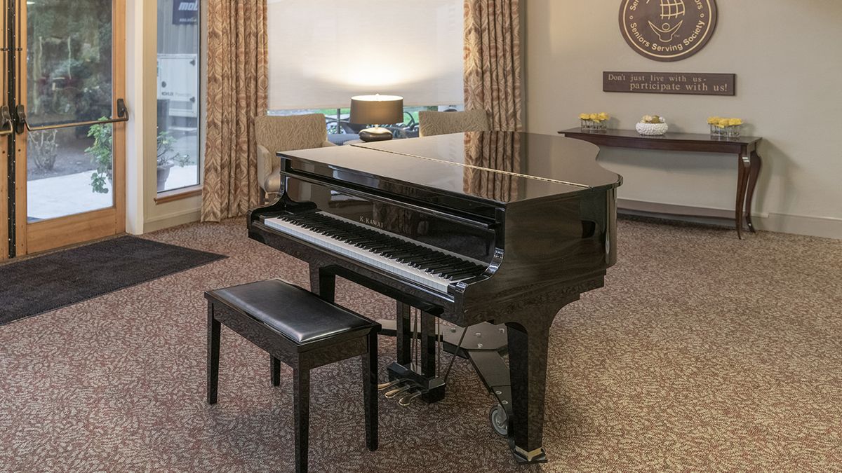 A grand piano with a bench in a well-furnished room.