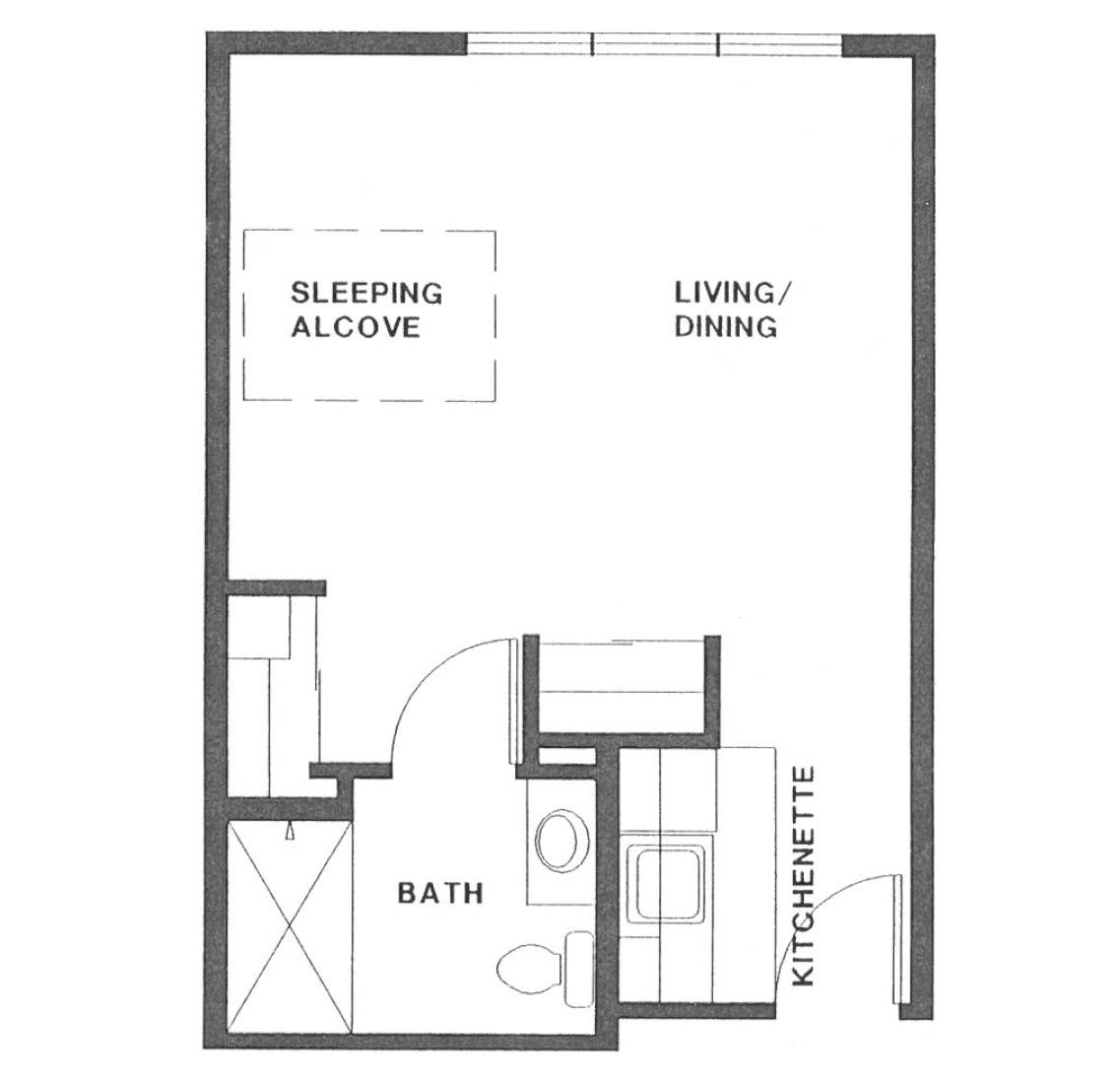 A floor plan of a studio apartment featuring a sleeping alcove, living/dining area, kitchen, and bathroom.