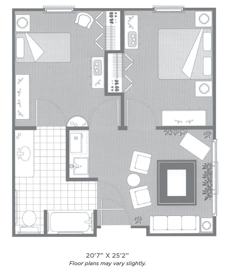 A two-bedroom apartment floor plan showcasing the layout of rooms and furniture.