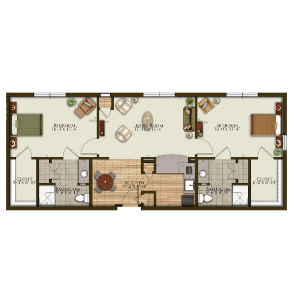 Floor plan of a two-bedroom apartment with living area and bathrooms.