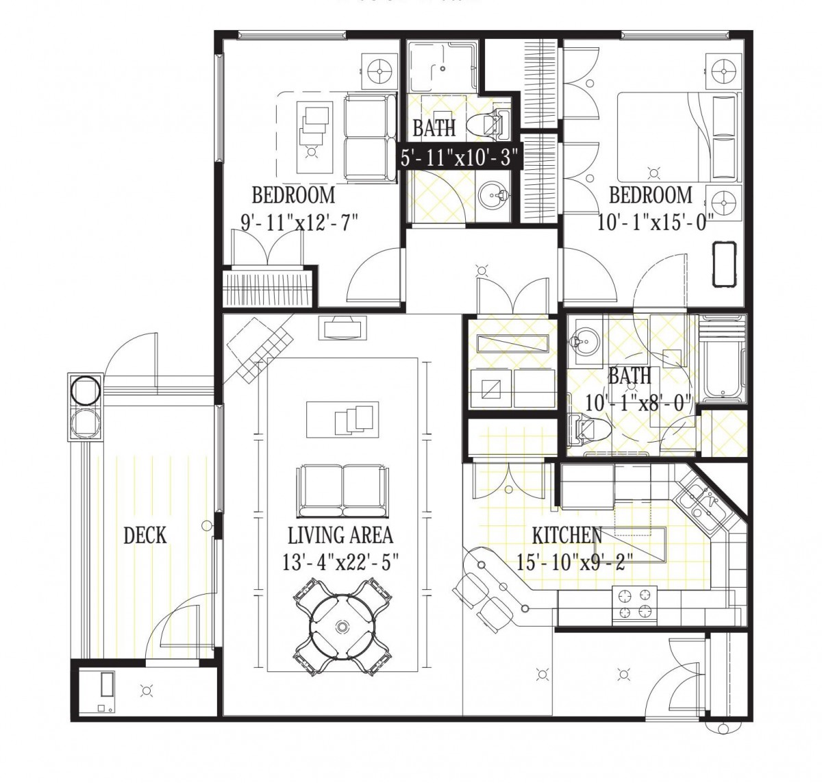 A floor plan of an apartment featuring two bedrooms, a kitchen, and a living area.