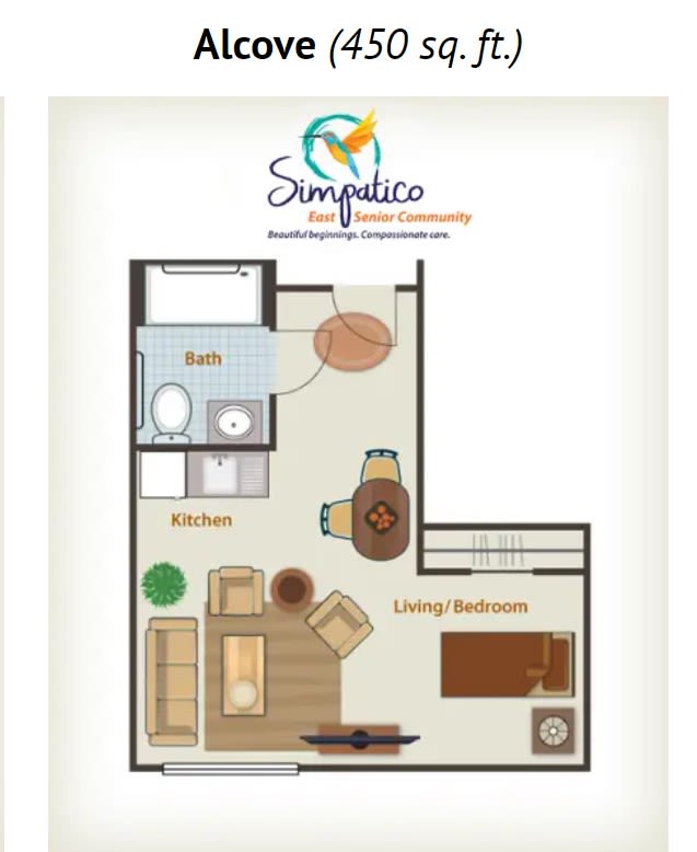 A floor plan of a small apartment featuring a living-bedroom area, kitchen, and bathroom.