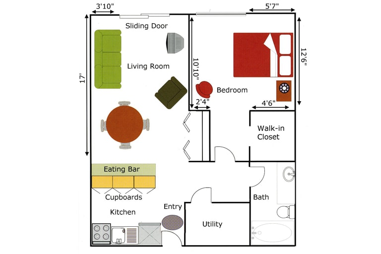 This is a floor plan of an apartment, showcasing the layout with labeled areas including the living room, bedroom, kitchen, bathroom, and entryway.