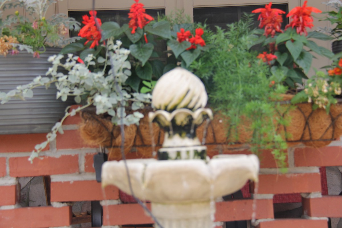 A garden fountain in front of a brick wall adorned with red flowers and greenery.