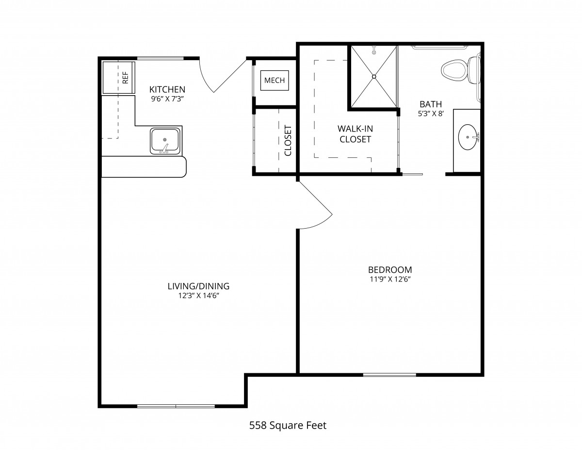 A floor plan of a one-bedroom apartment with a living room, kitchen, bathroom, and walk-in closet.