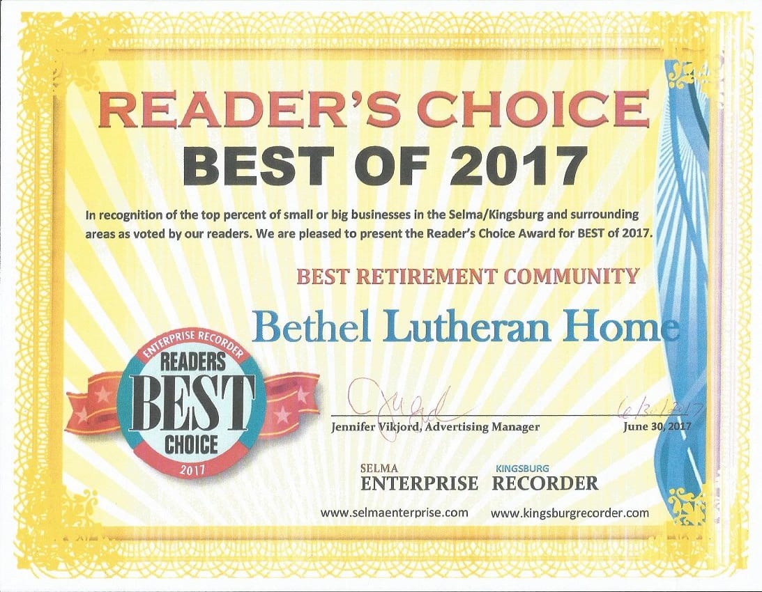 Reader's Choice Best of 2017 award for Best Retirement Community awarded to Bethel Lutheran Home.