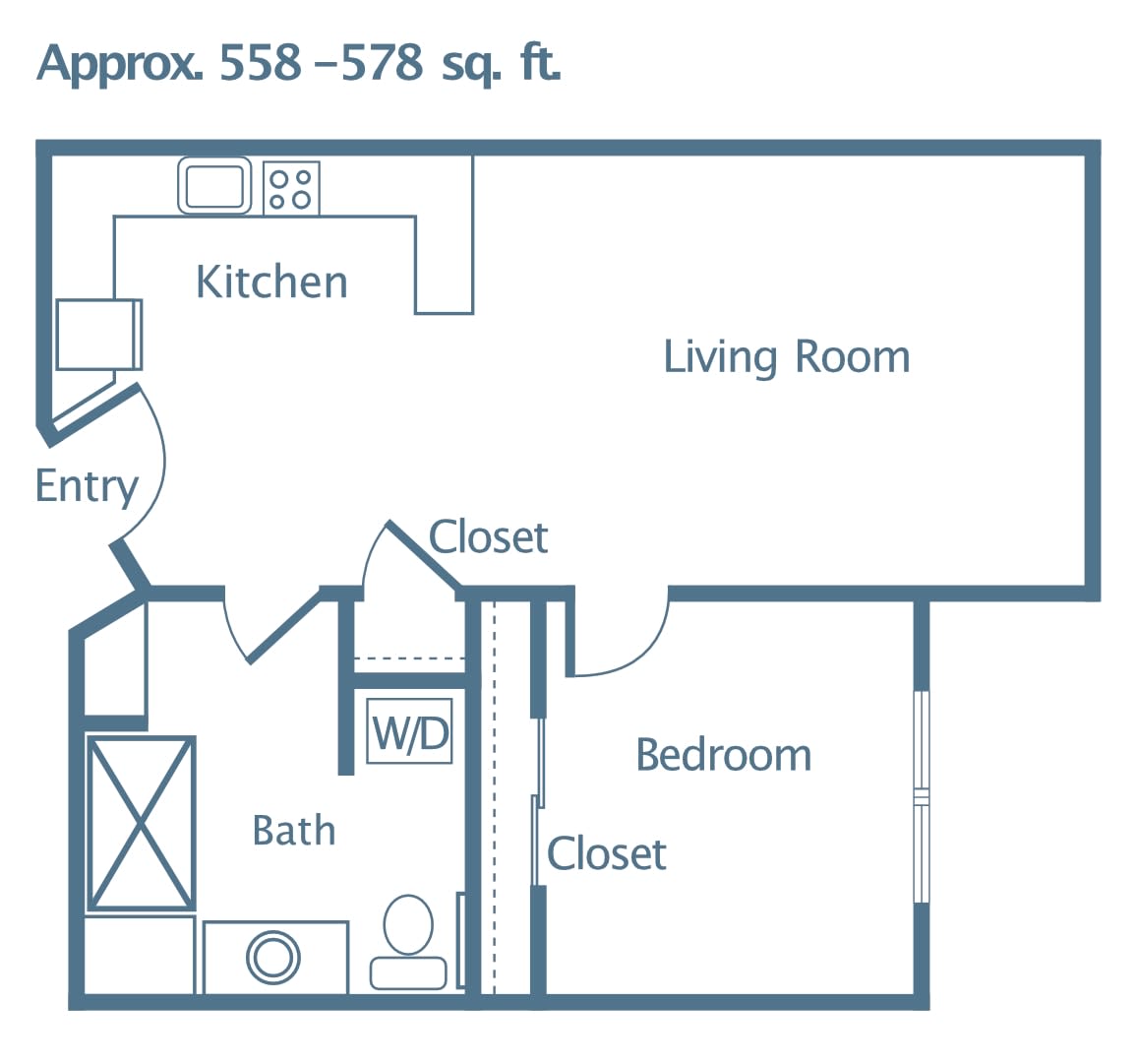 Floor plan of a one-bedroom apartment with approximately 558-578 square feet, showing layout including kitchen, living room, bathroom, and closets.