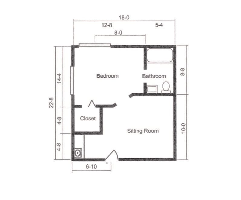 A simple floor plan layout with dimensions for a small home including a bedroom, bathroom, closet, and sitting room.
