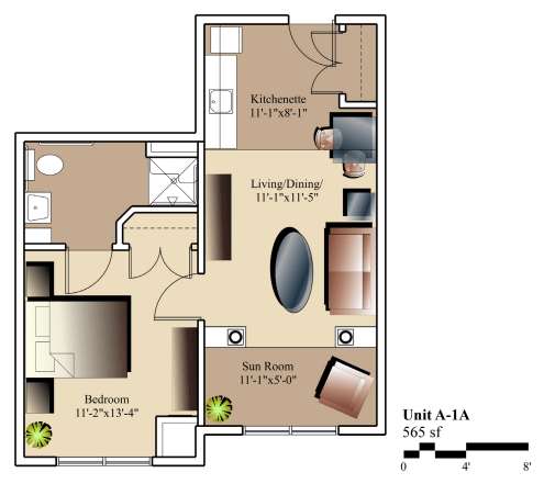 A detailed floor plan of a two-bedroom apartment with living/dining area, kitchen, and bathroom.