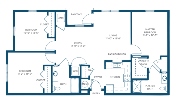 An architectural floor plan depicting an apartment layout with a living room, kitchen, bedrooms, and a balcony.