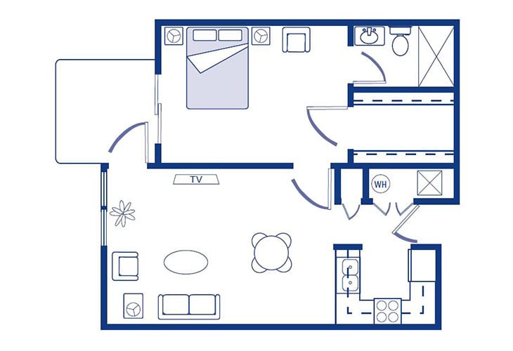 A blueprint layout of an apartment showing a bedroom, living area, kitchen, and bathroom.