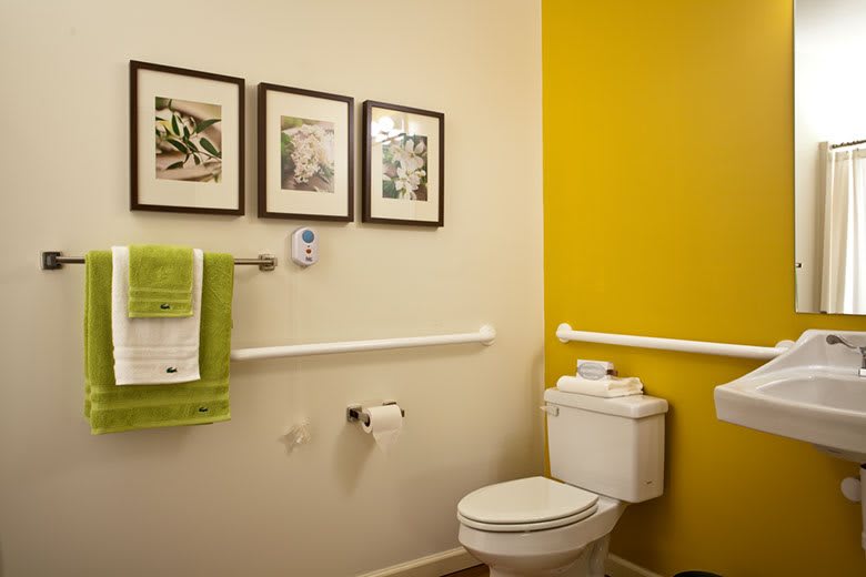 A well-decorated bathroom with a yellow accent wall, featuring wall art, a towel rack, and accessibility features.