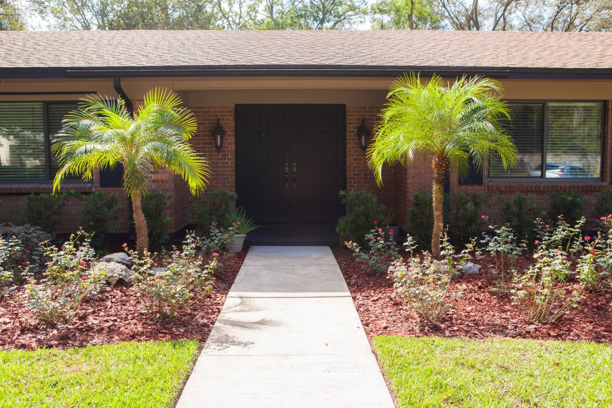 A welcoming house entrance with palm trees and a well-maintained garden pathway.