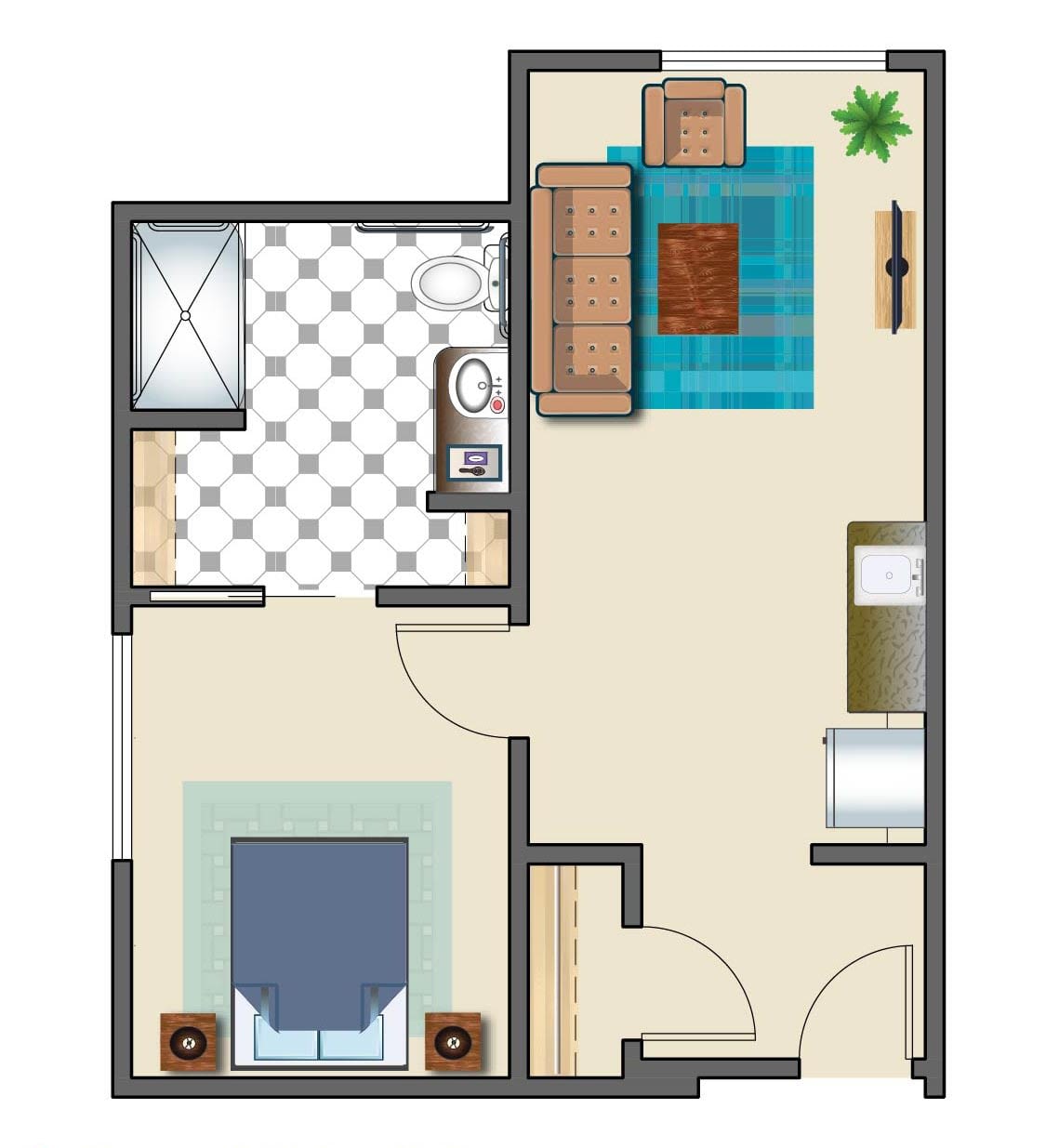 A floor plan of a one-bedroom apartment with a living room, kitchen, and bathroom.