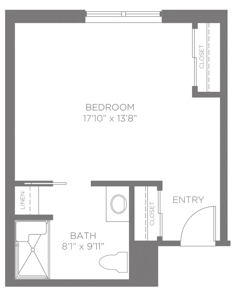 Floor plan of a one-bedroom apartment featuring a bedroom, bathroom, and entryway.