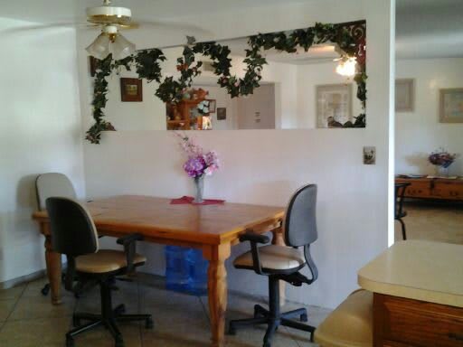 A cozy dining area with a wooden table, chairs, and decorative elements like a mirror and indoor plants.