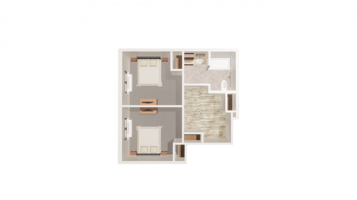 A floor plan of a two-bedroom apartment showing the layout of rooms and amenities.