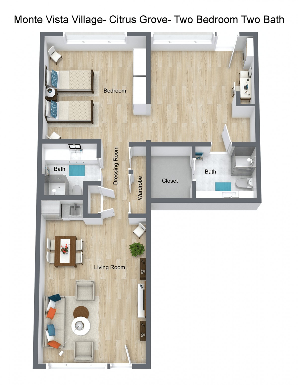 A 3D floor plan of an apartment featuring a living room, kitchen, two bedrooms, and two bathrooms.