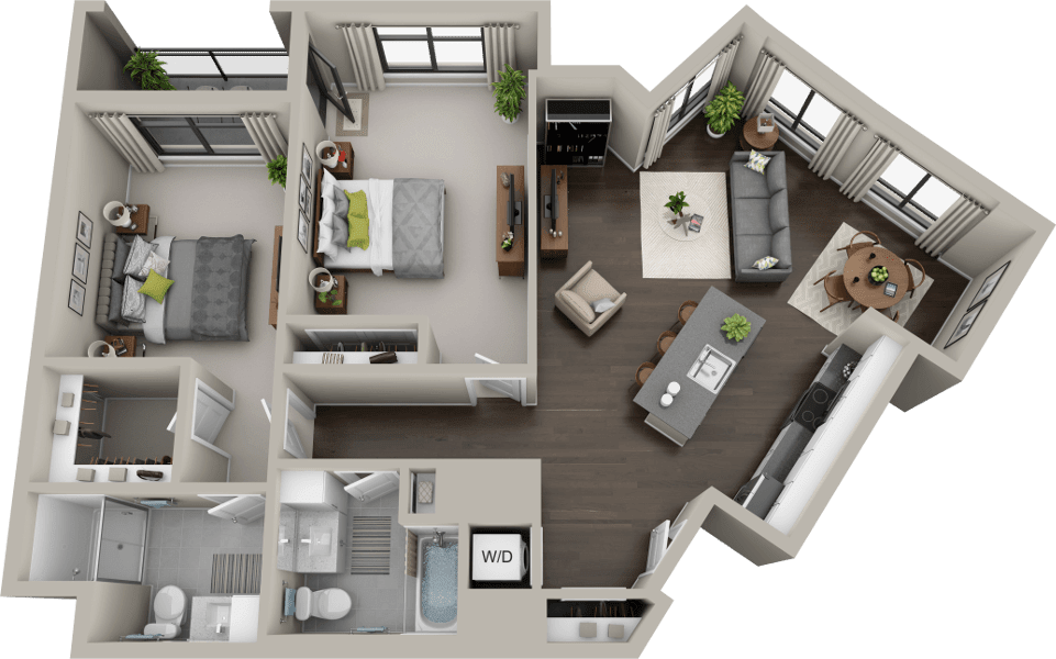 A 3D rendered floor plan of a modern apartment showing a bedroom, living room, kitchen, and bathroom.