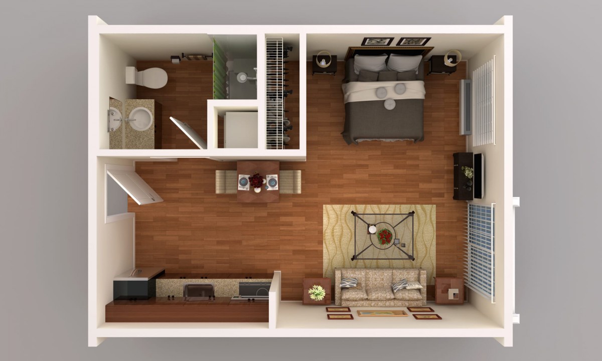 A modern one-bedroom apartment floor plan with a cozy living area, dining space, kitchen, bathroom, and bedroom.