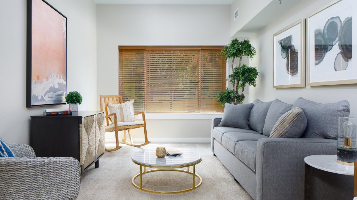 A modern living room with a neutral color palette, featuring a comfortable gray sofa, a round coffee table, and large window blinds that allow natural light to fill the space.