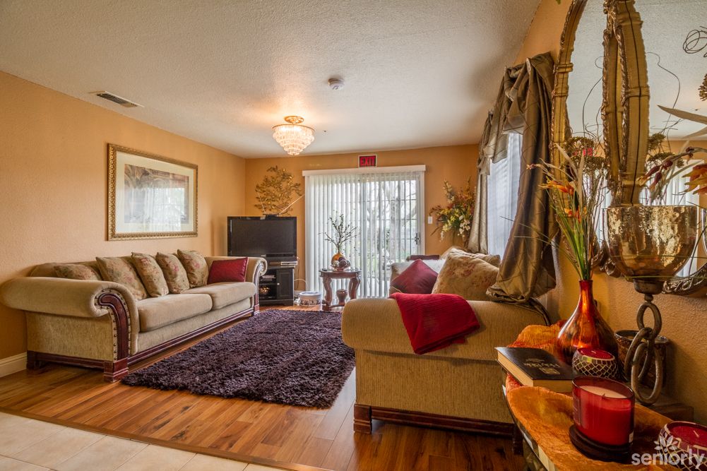 A cozy living room with comfortable sofas, a television, and decorative elements.