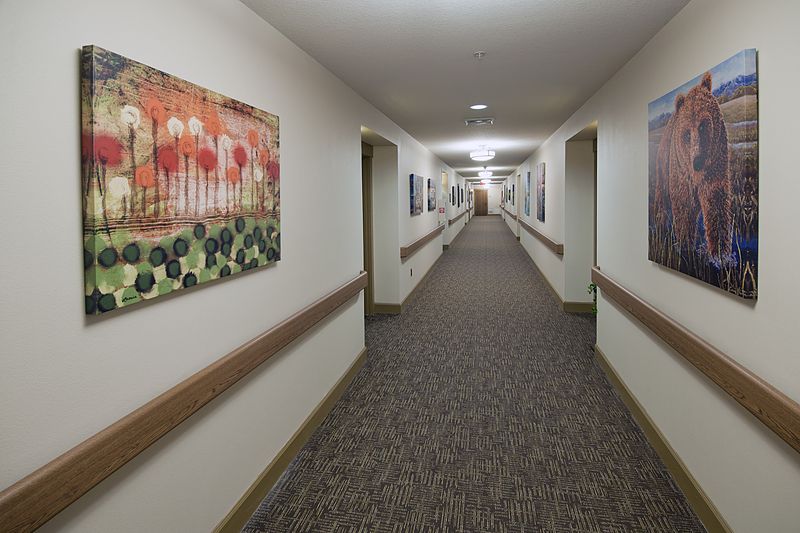 A long hallway lined with artwork on the walls and lit by ceiling lights.