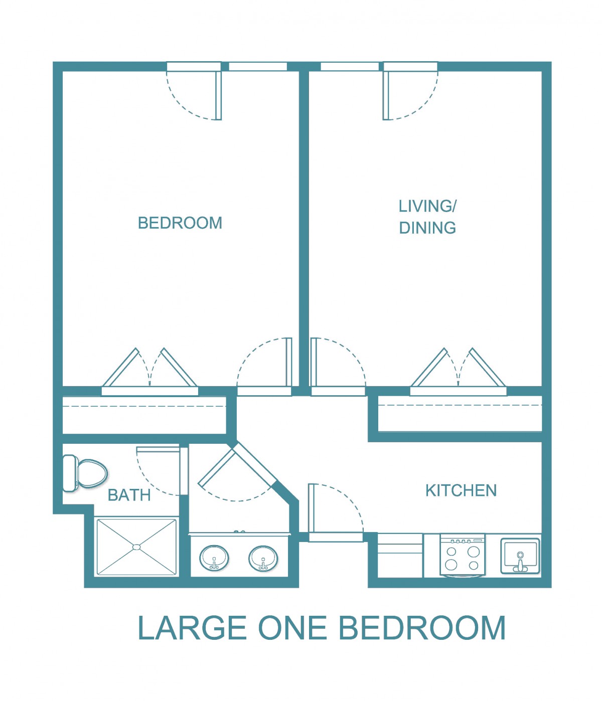 Floor plan of a large one-bedroom apartment with designated living, kitchen, and bathroom areas.