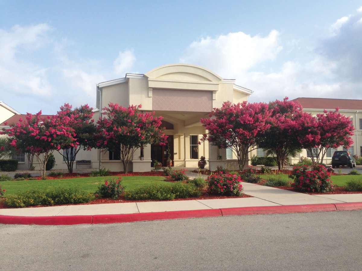 A well-landscaped building entrance with flowering trees and a cloudy sky.