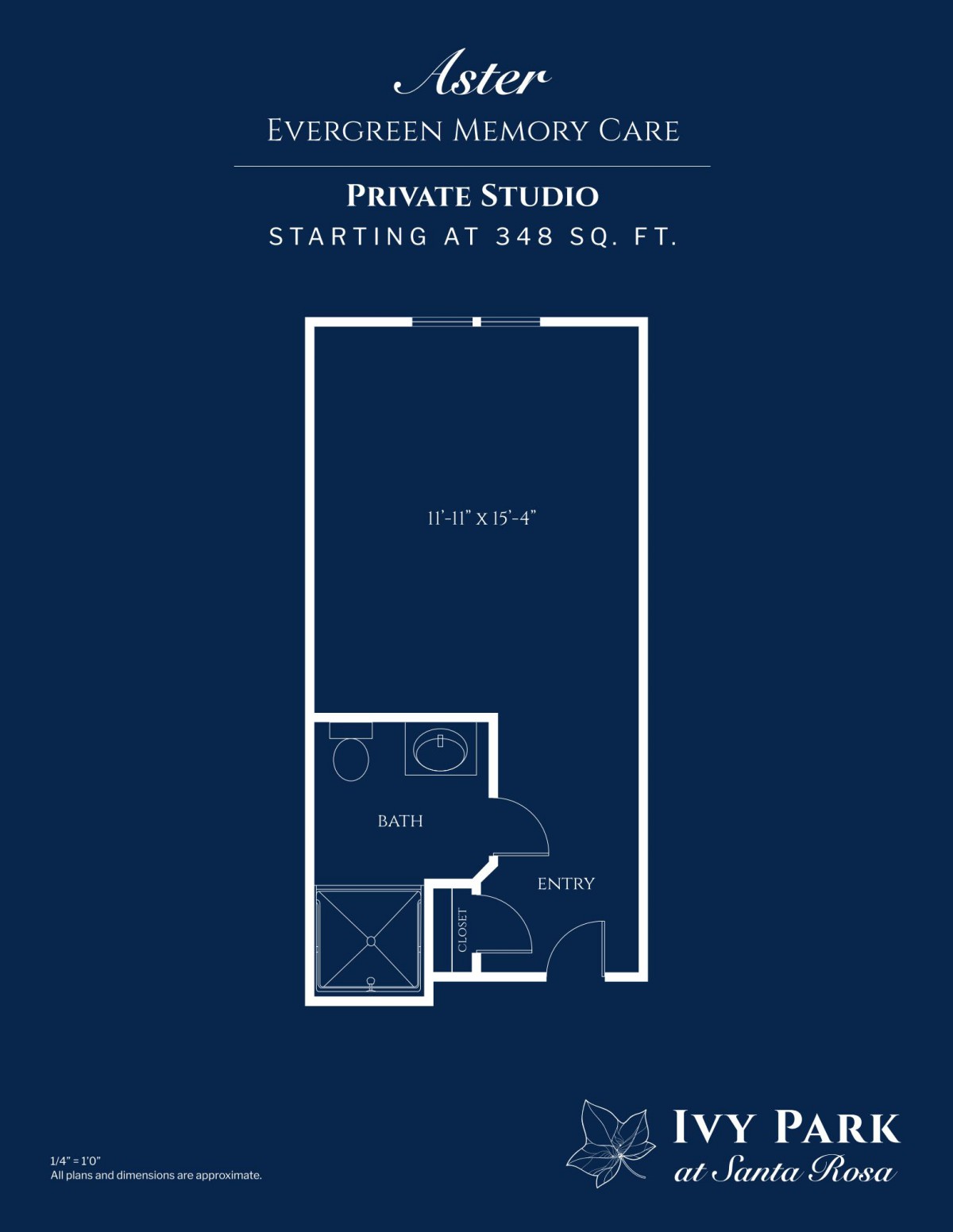 Floor plan of a private studio apartment starting at 348 sq. ft.