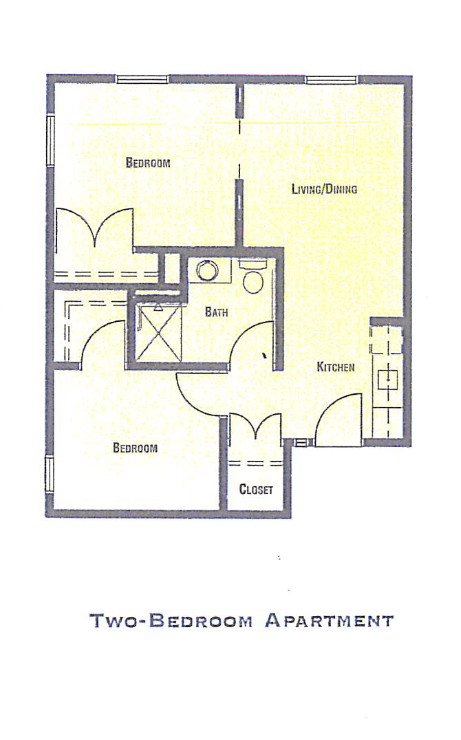 A simple floor plan depicting the layout of an apartment with labeled rooms including bedrooms, bathroom, and living/dining area.