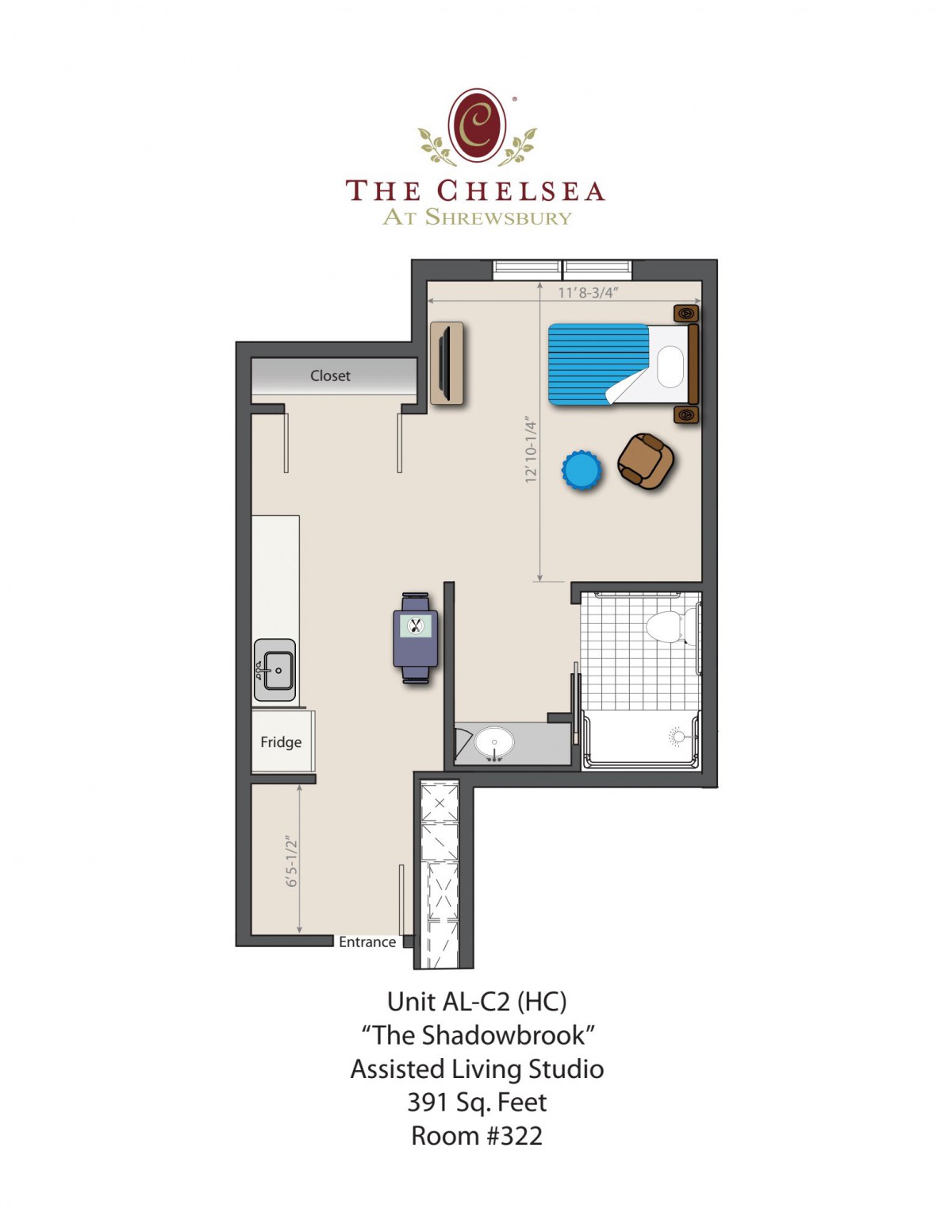 Floor plan of The Chelsea's assisted living studio called 'The Shadbrooke'.