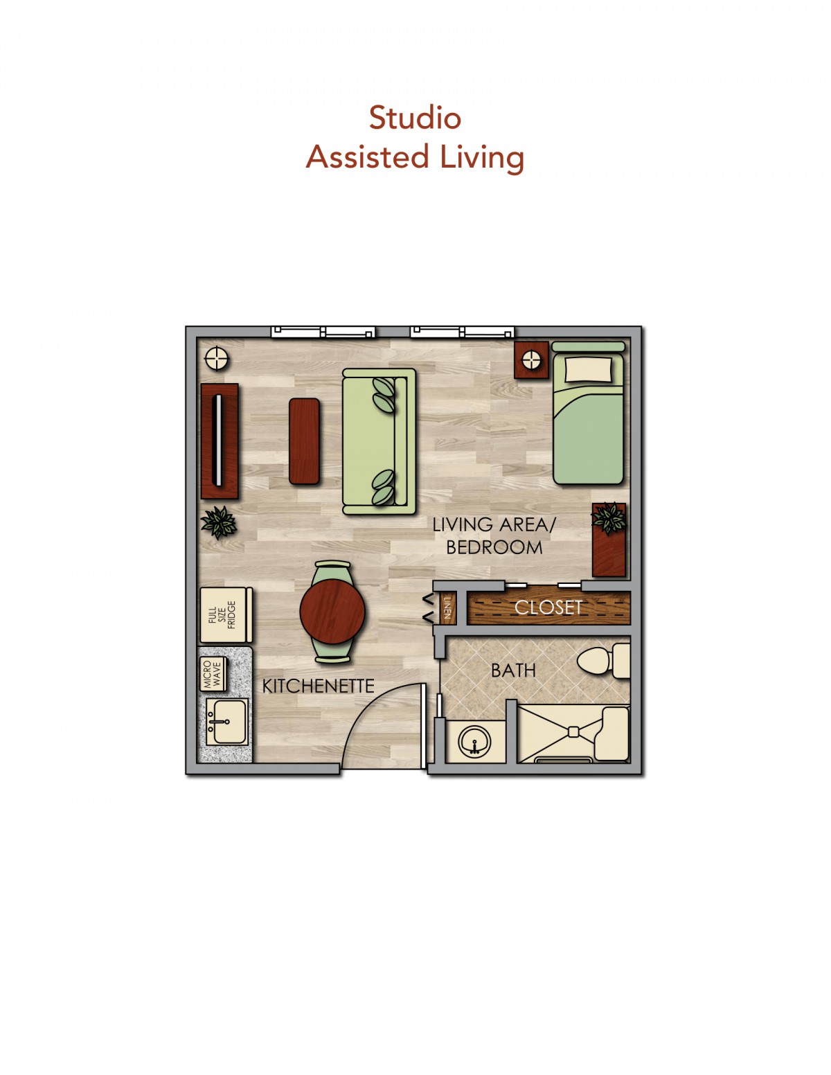 Studio apartment floor plan for assisted living.